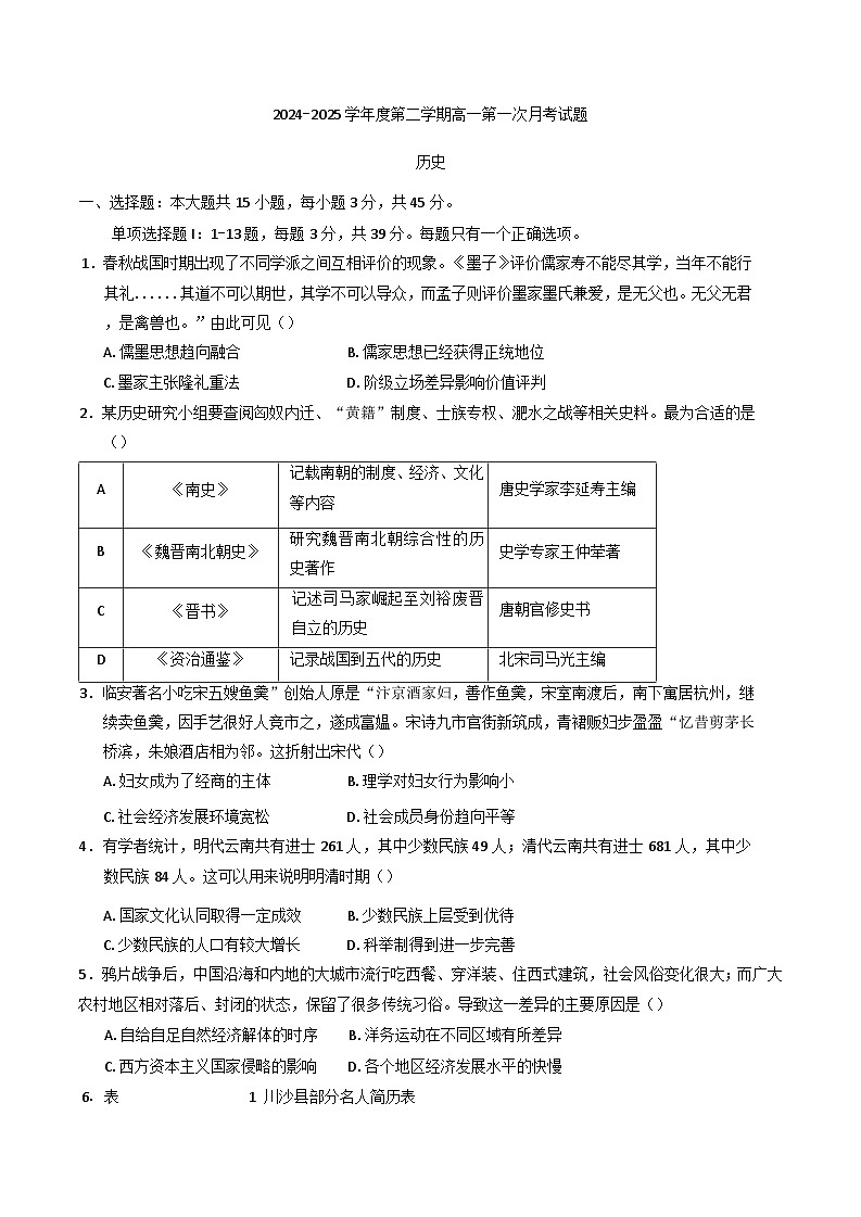 海南省文昌中学2024-2025学年高一下学期第一次月考历史试题(含解析)第1页