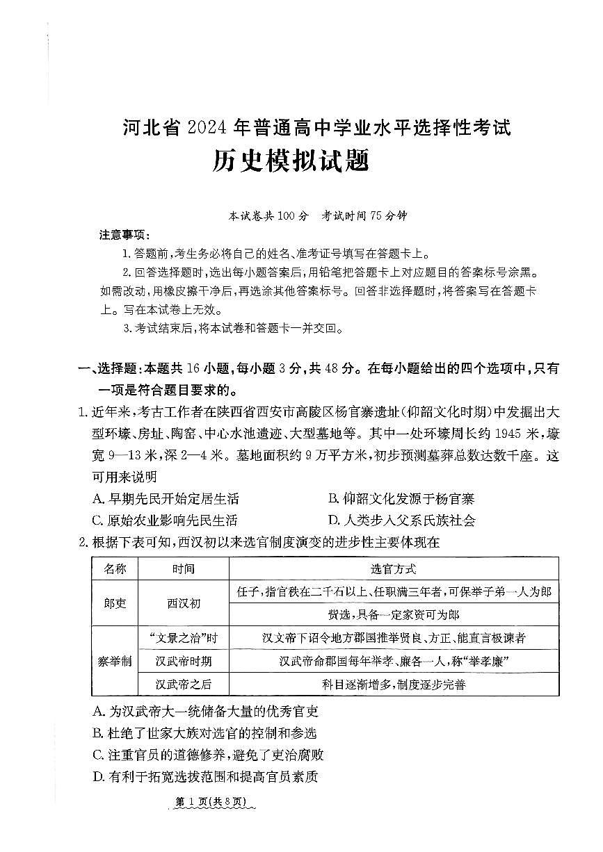 2024河北省高三下学期学业水平模拟（四）-历史试卷（含答案）第1页