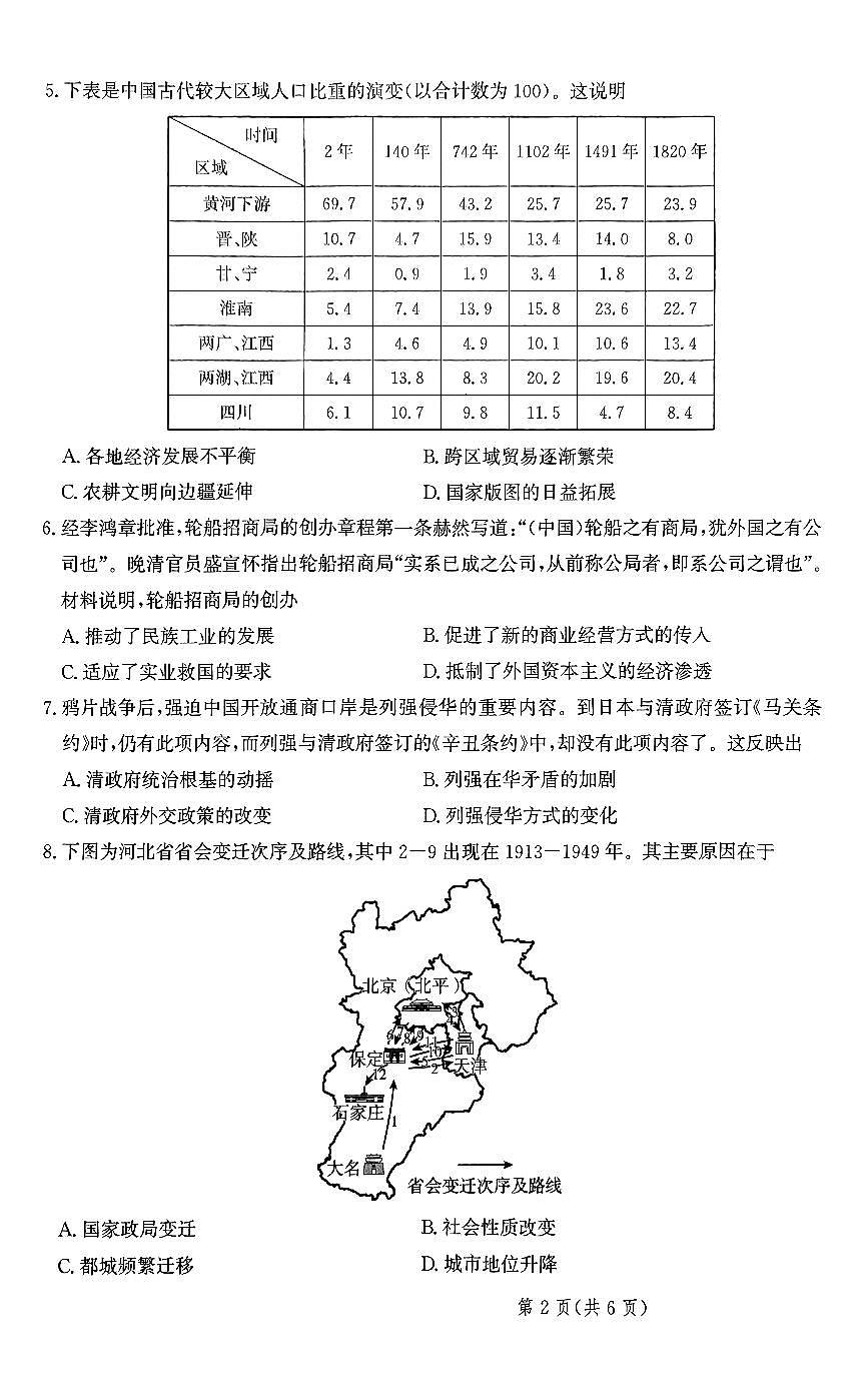 2024届河北省部分重点高中高三上学期学业水平选择性考试模拟-历史试题（含答案）第2页