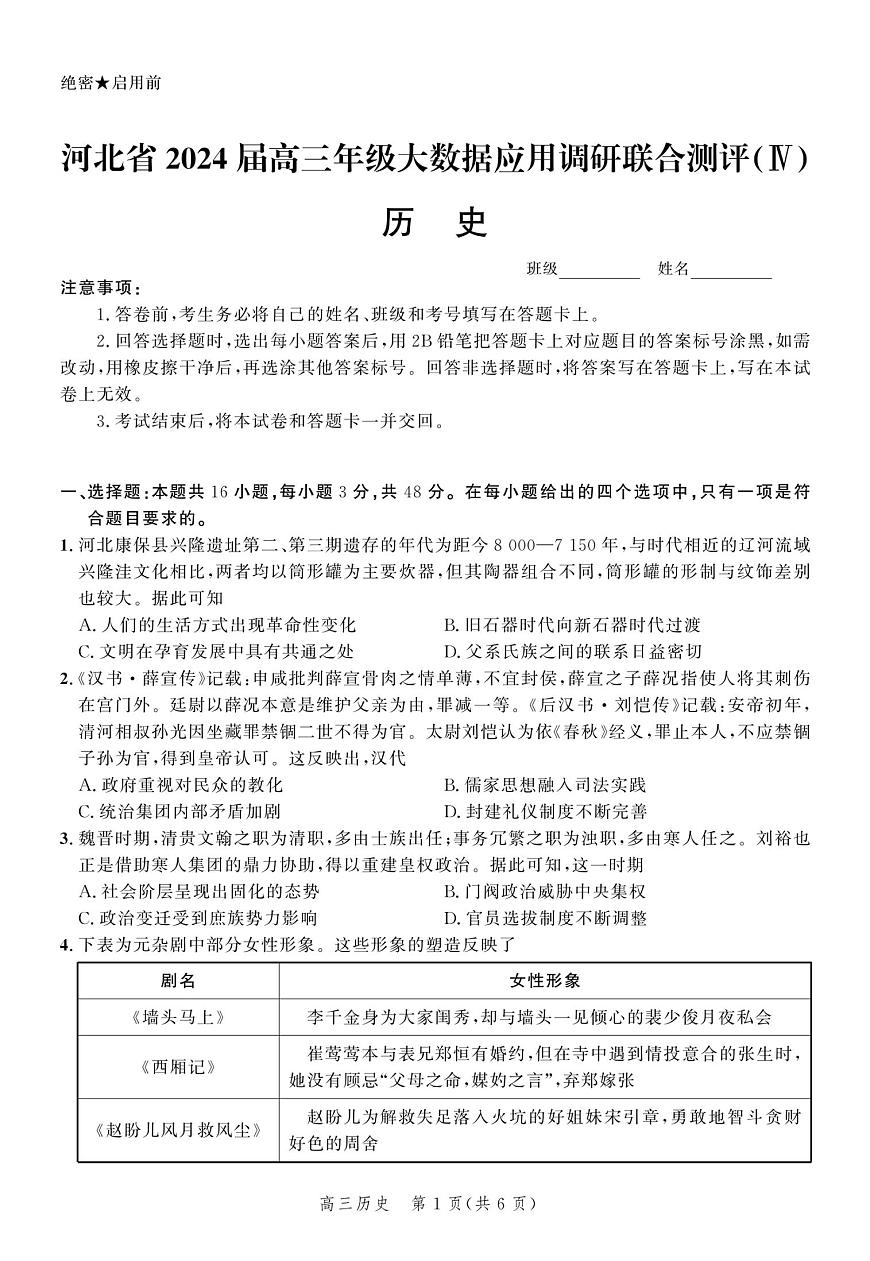 2024届河北省高三大数据应用调研联合测评(Ⅳ)(1月)-历史试题（含答案）第1页
