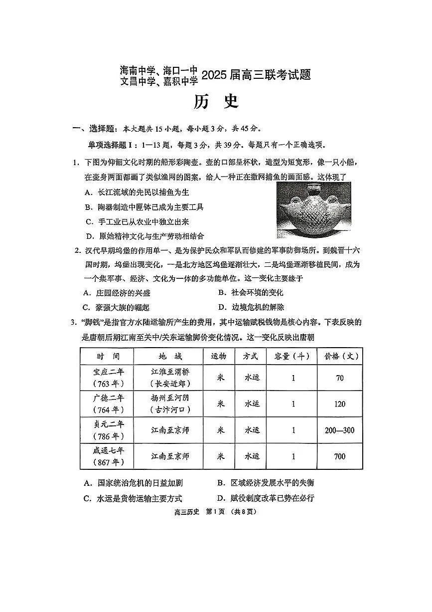 海南省海中、海口一中、文昌中学、嘉中四校2025届高三高考模拟月模拟联考-历史试题+答案第1页
