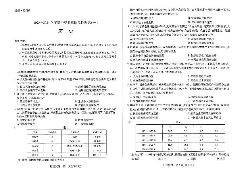 2024届河南天一大联考高三年级阶段性测试（一）历史试卷（含答案）第1页