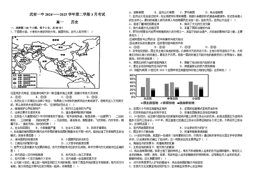 2024—2025学年度河北省邯郸市武安一中高一下学期3月月考历史试题第1页