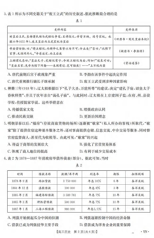 历史丨云南省2025届高三下学期3月百万大联考历史试卷及答案第2页