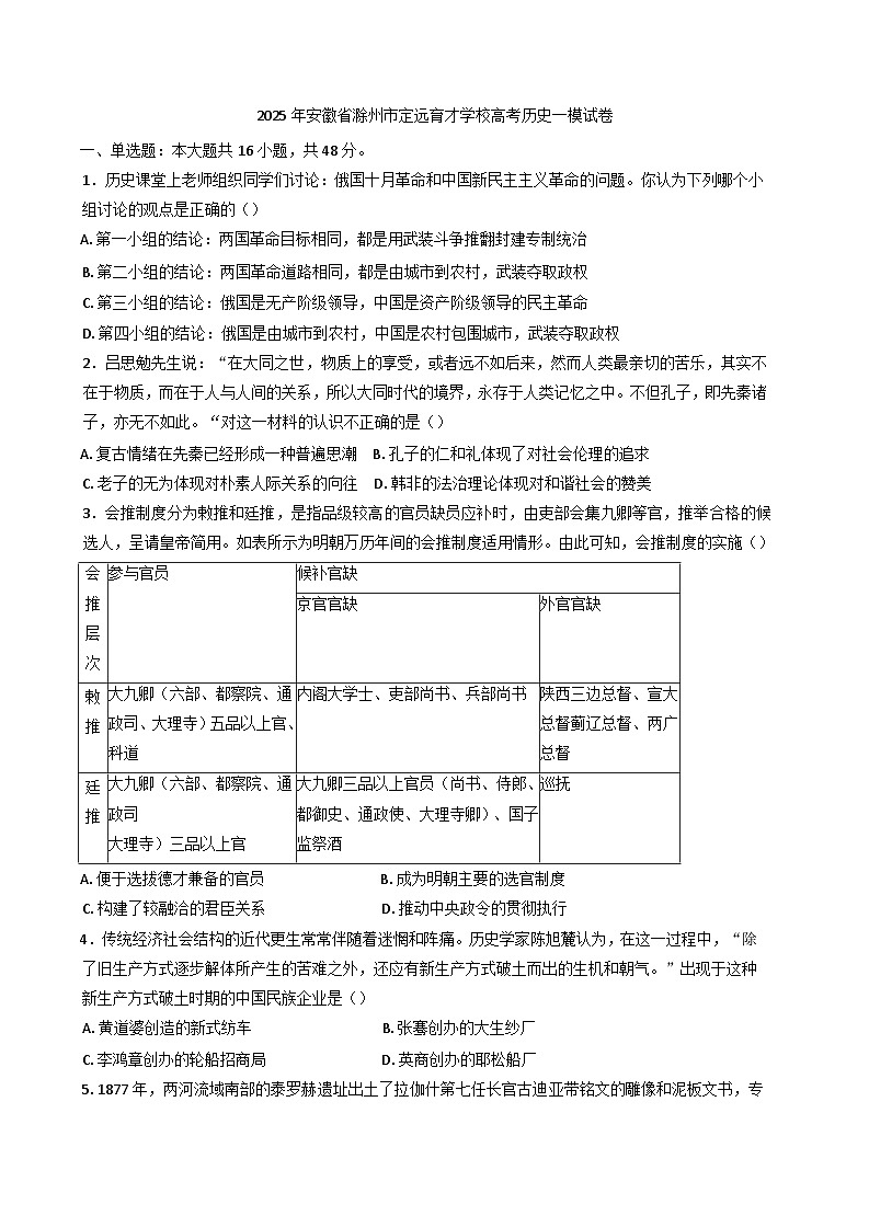 2025届安徽省滁州市定远县育才学校高三下学期一模历史试题（含答案）第1页