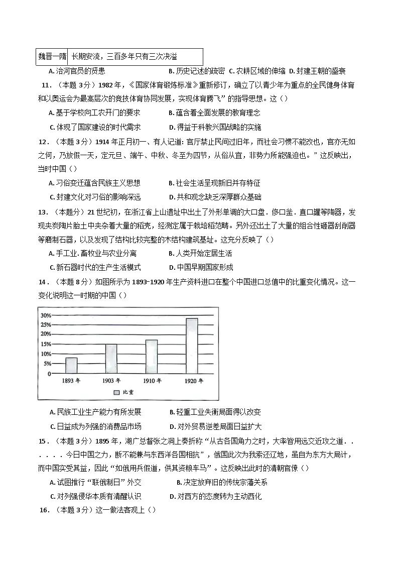 2025届湖南省长沙市一中城南中学高三下学期一模历史试题（含答案）第3页