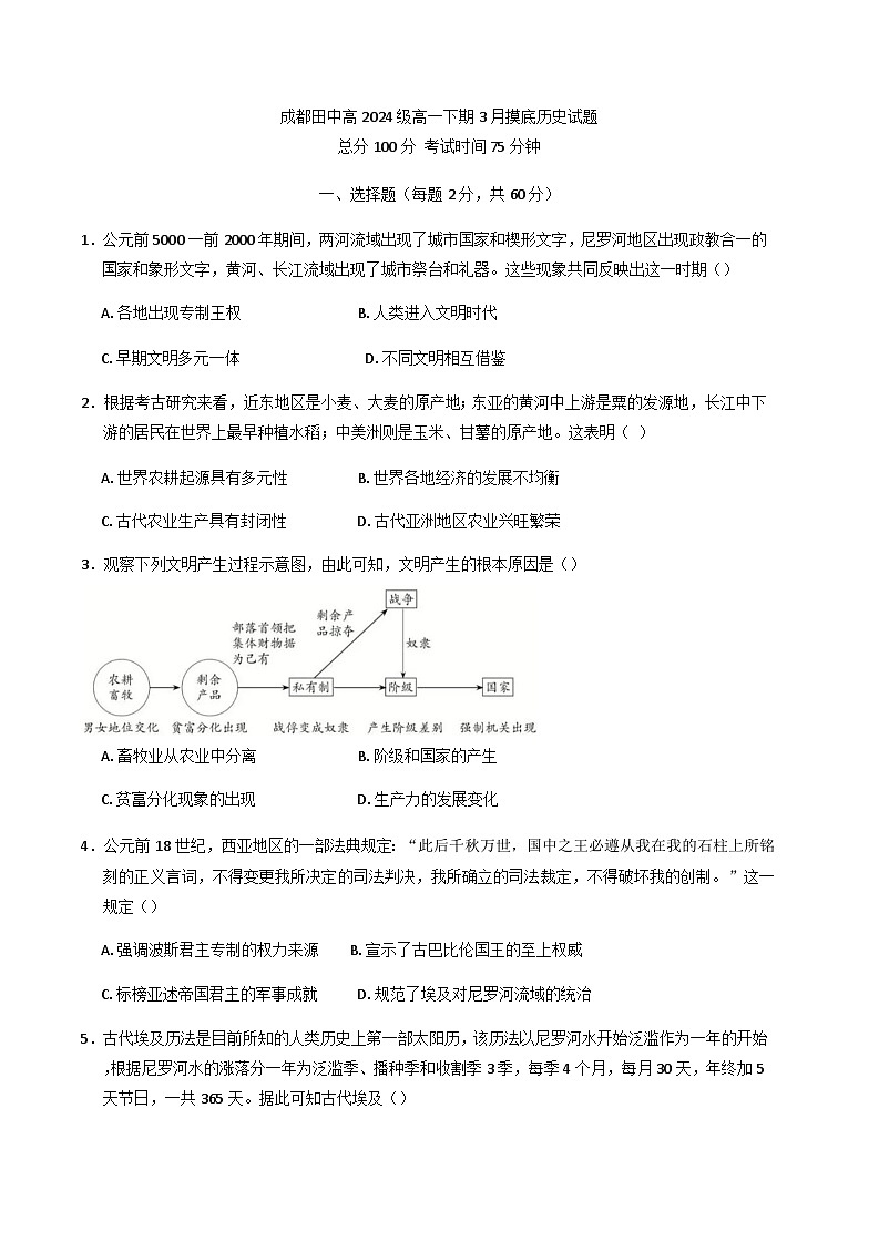 四川省成都市田家炳中学2024-2025学年高一下学期3月月考历史试题(含解析)第1页