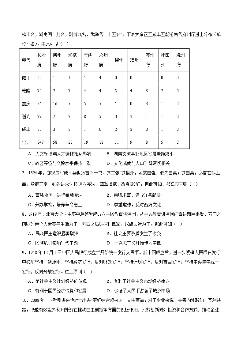 湖南省2025届高三下学期“一起考”大联考二模历史试卷（Word版附答案）第2页