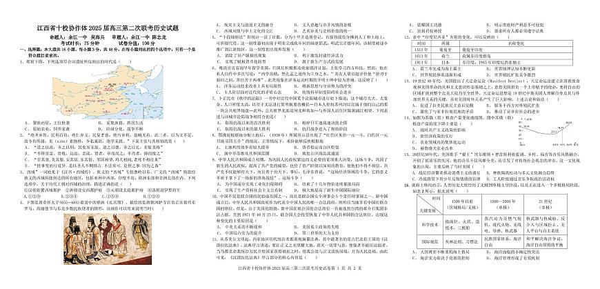 江西省十校协作体2025届高三第二次联考历史第1页