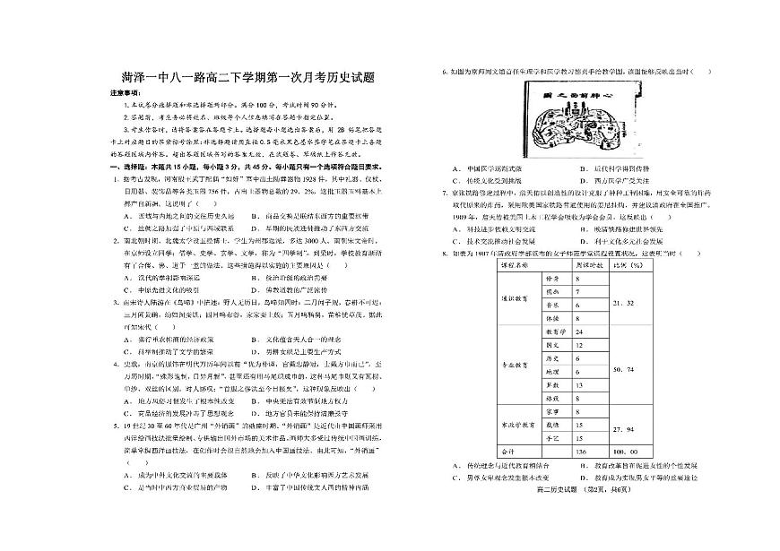 山东省菏泽市第一中学2024-2025学年高二下学期第一次月考历史试题（扫描版附解析）第1页