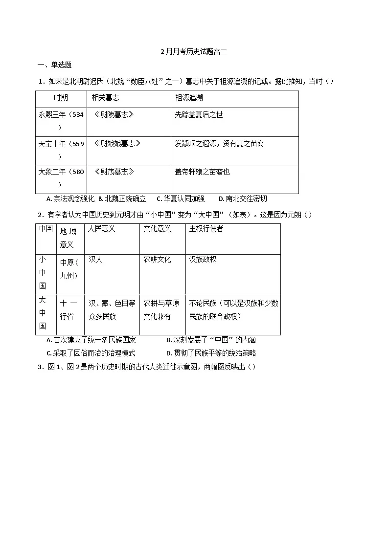 山东省诸城第一中学2024-2025学年高二下学期2月月考历史试题（含解析）第1页