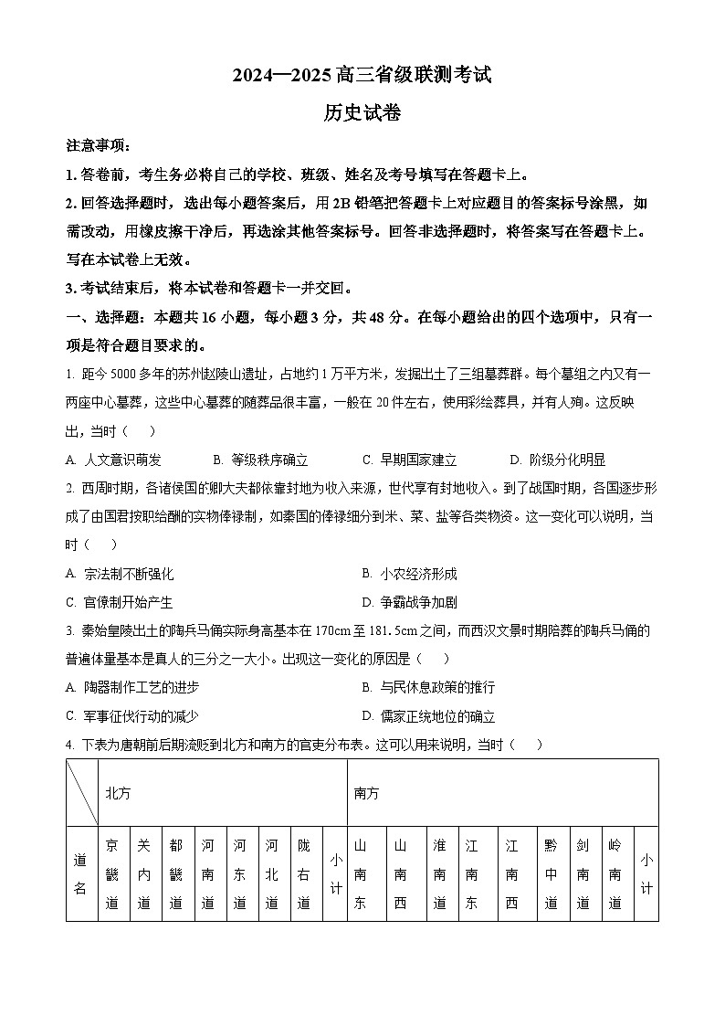 河北省省级联考2024-2025学年高三下学期3月模拟预测历史试题  Word版无答案第1页