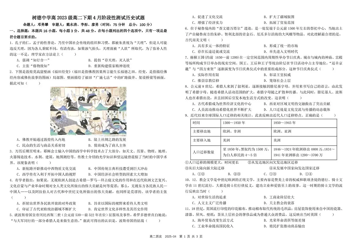 四川省成都市树德中学2024-2025学年高二下学期4月阶段性测试历史试卷（PDF版附答案）第1页