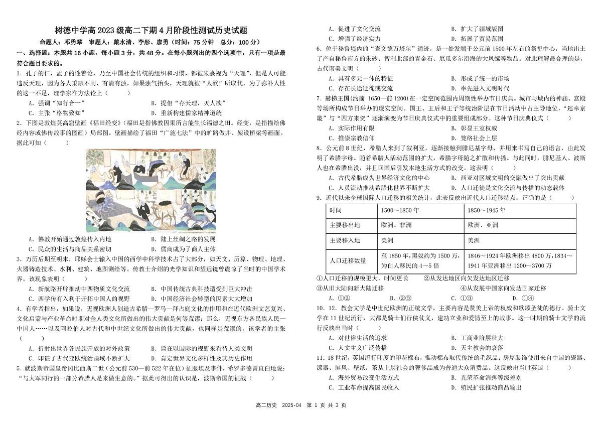 四川省成都市树德中学2024-2025学年高二下学期4月阶段性测试历史试卷（PDF版附答案）第1页