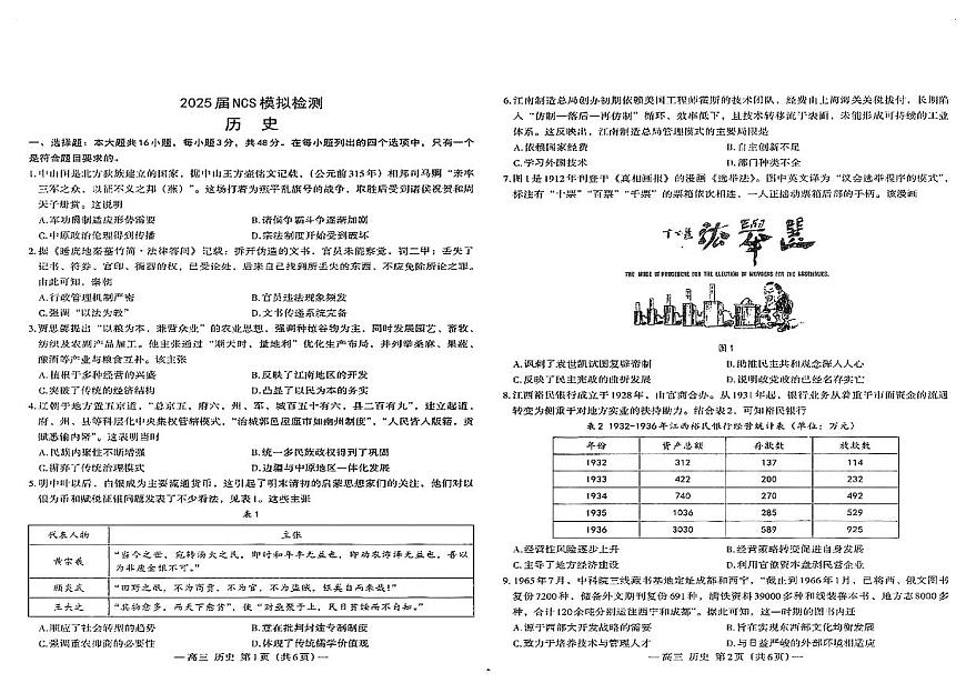 江西省南昌市“NCS”2025届高三高考模拟第二次模拟-历史试题+答案第1页