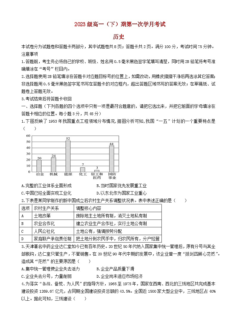 四川省绵阳市2023_2024学年高一历史下学期3月月考试题含解析第1页