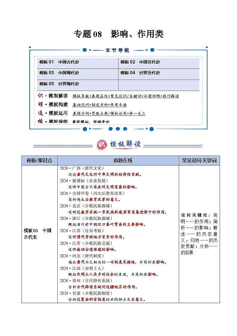 2025年高考历史答题技巧与答题模板（全国通用）专题08影响、作用类（答题模版）（学生版）第1页