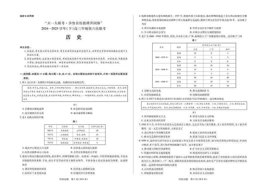 山东省天一大联考·齐鲁名校教研体2025届高三高考模拟第六次联考-历史试题+答案第1页