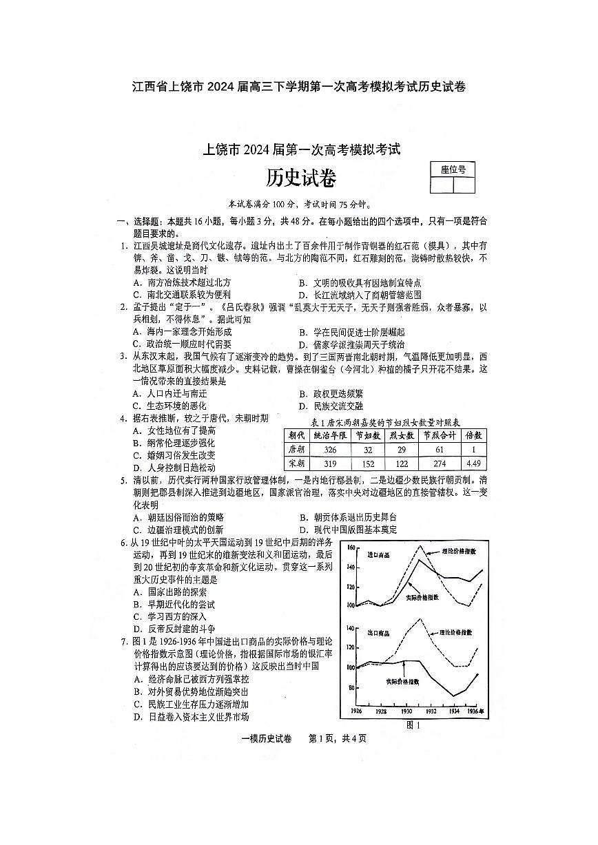 2024届江西省上饶市高三下学期第一次高考模拟考试(2月)-历史试题（含答案）第1页
