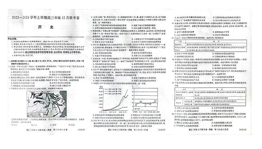 2024届辽宁省部分学校高三上学期联考（12月）-历史试题（含答案）第1页