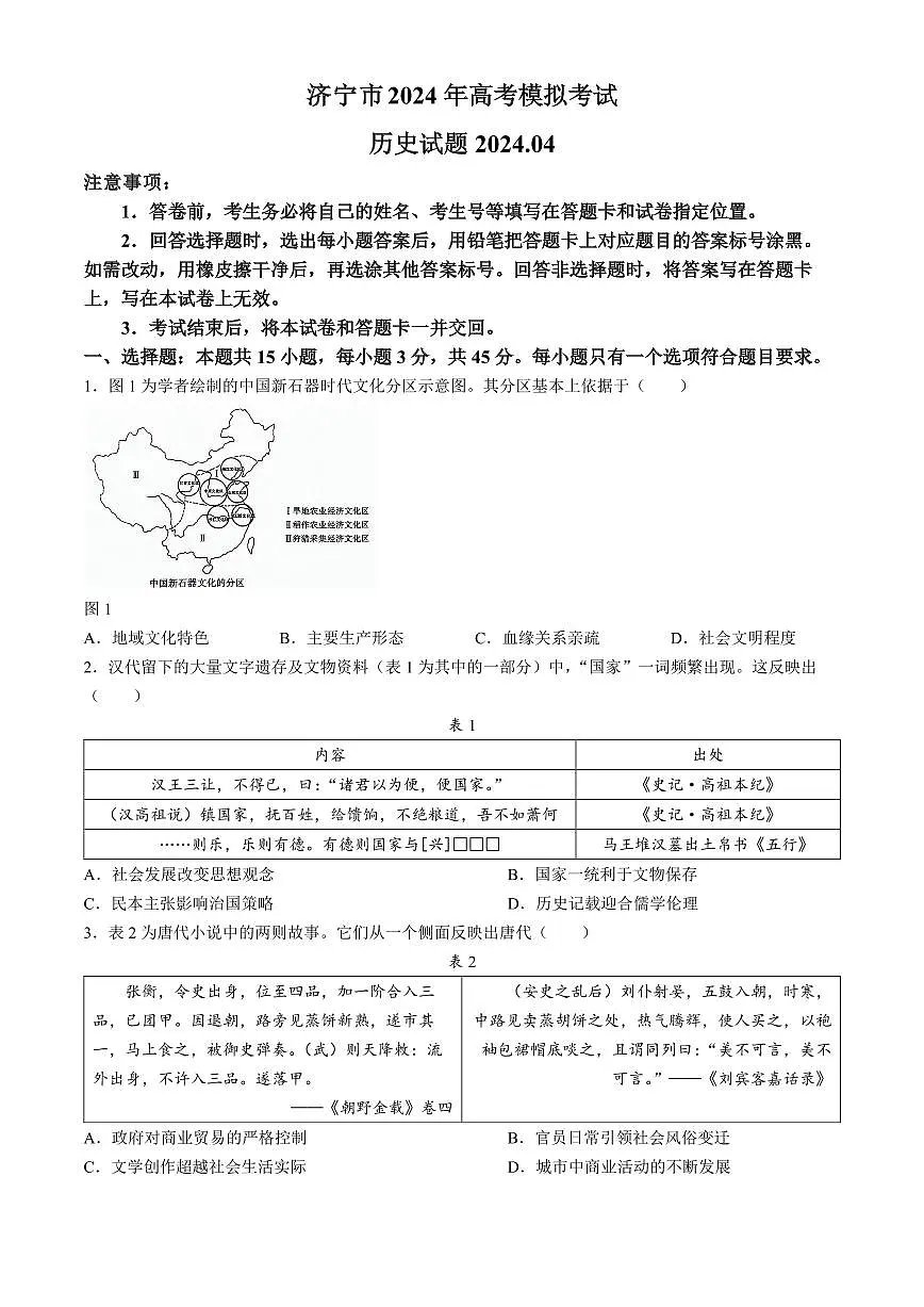 2024届山东省济宁市高三第二次模拟-历史试卷（含答案）第1页