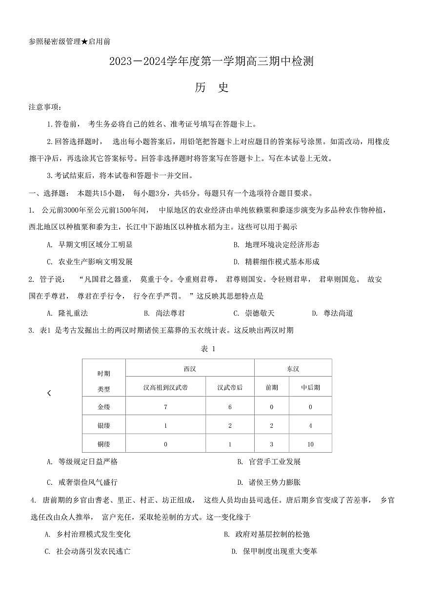 2024届山东淄博高三上学期期中考(11月)-历史试题（含答案）第1页