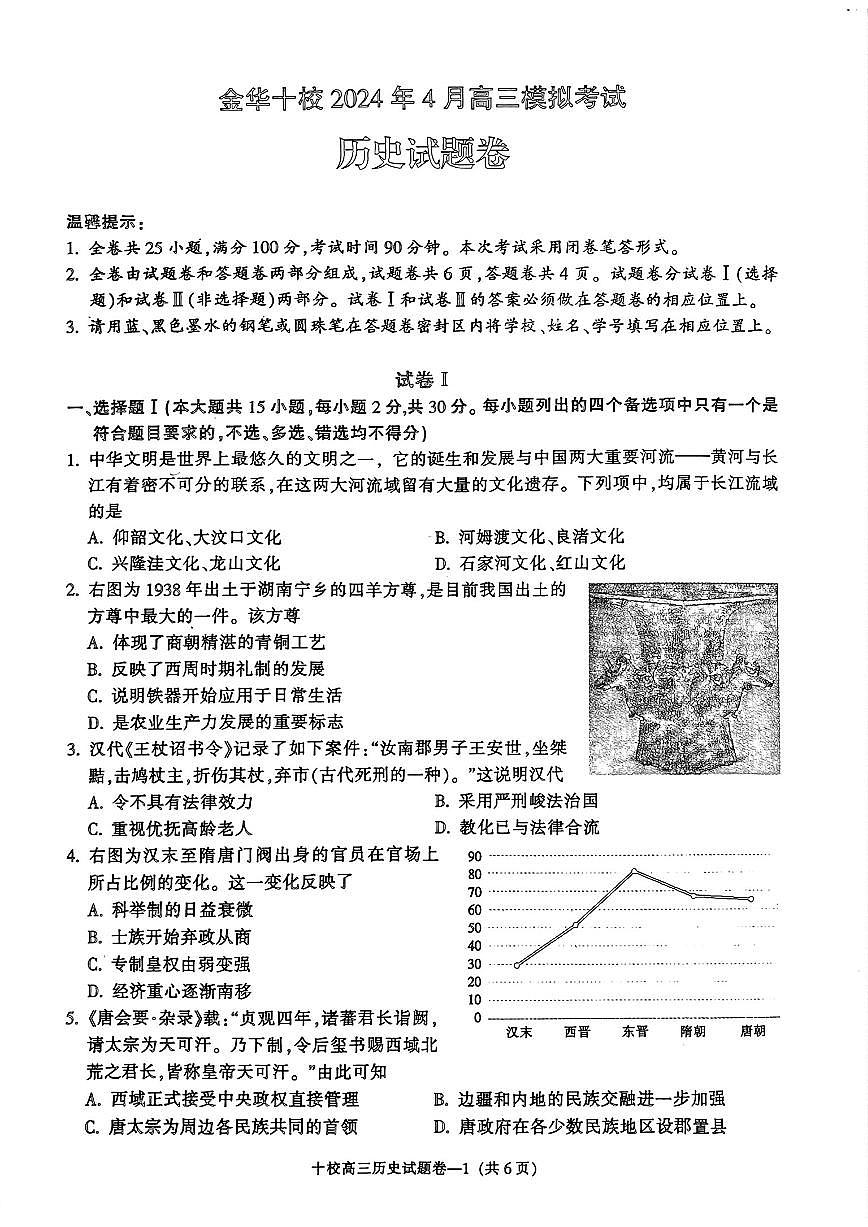 2024届浙江省金华十校高三模拟考-历史试卷（含答案）第1页