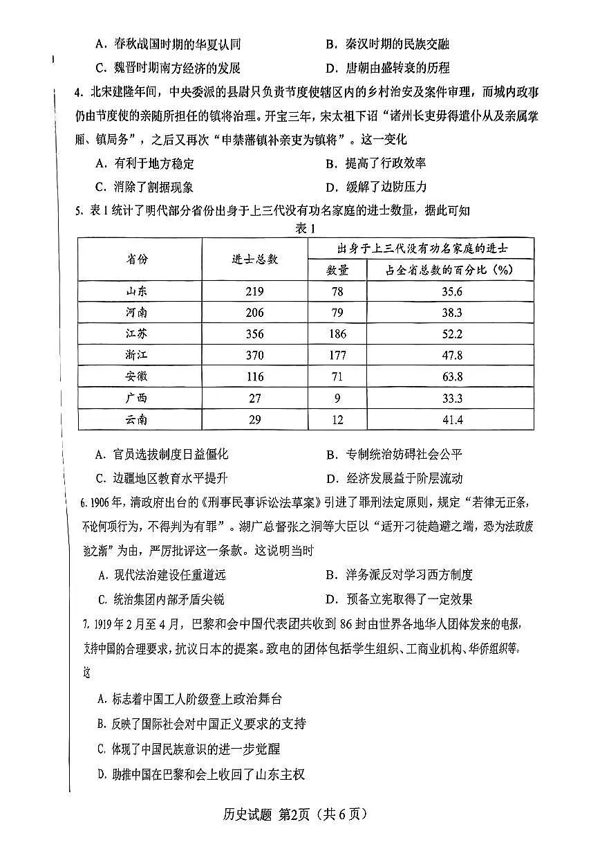 安徽省合肥市2025届高三第一次教学质量检测历史试卷（含答案）第2页