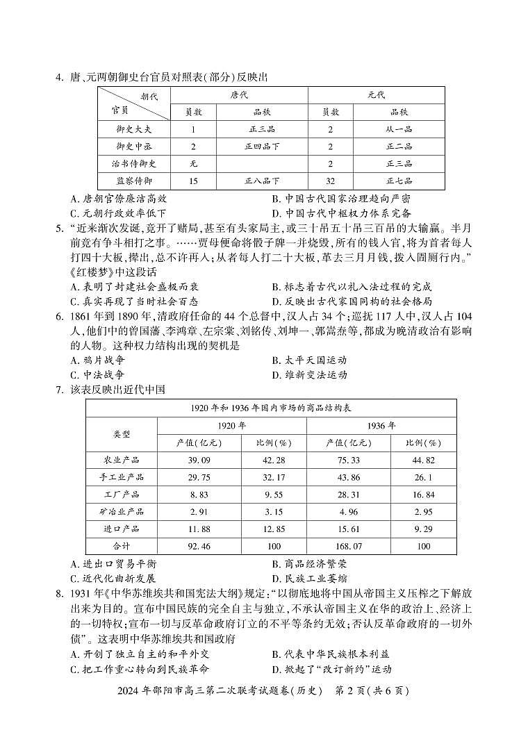 湖南省邵阳市2024届高三下学期二模-历史试卷（含答案）第2页
