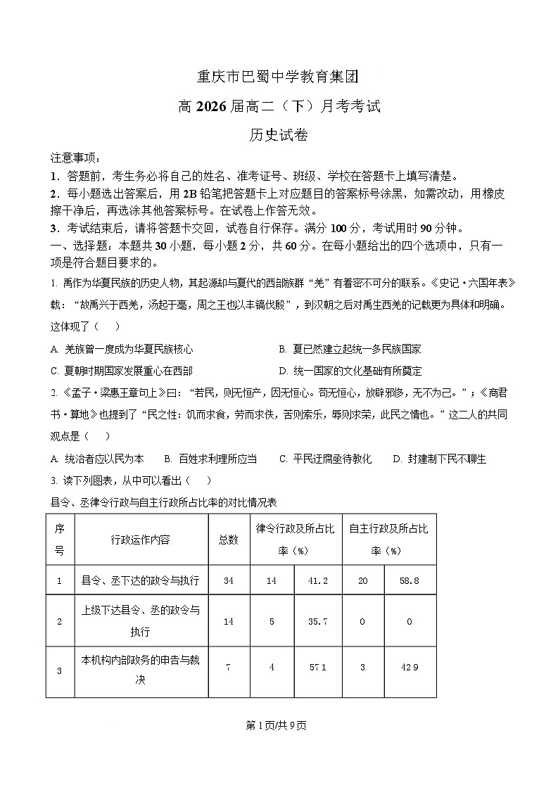 重庆市巴蜀中学教育集团2024-2025学年高二下学期3月月考历史试题（原卷版）第1页