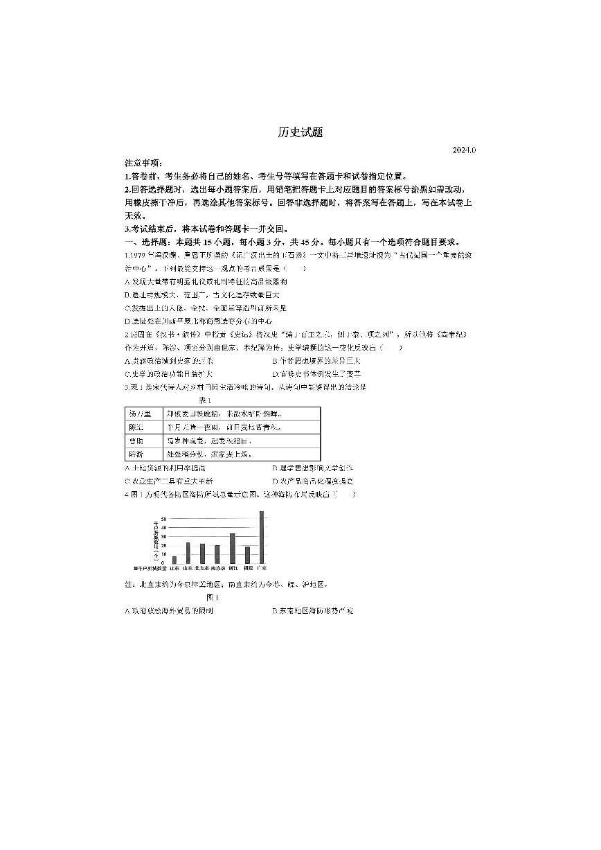 2024届山东省泰安市高三一模考试(3月)-历史试卷（含答案）第1页