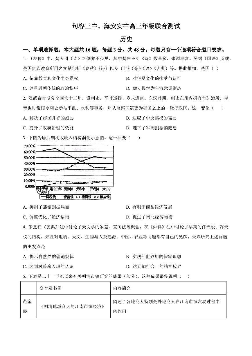 2024届江苏省句容市三中、海安市实验中学高三10月联考-历史试题（含答案）第1页