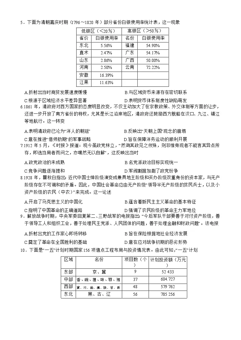 江西省萍乡市2024~2025学年度高三一模考试试卷历史试卷（含答案）第2页