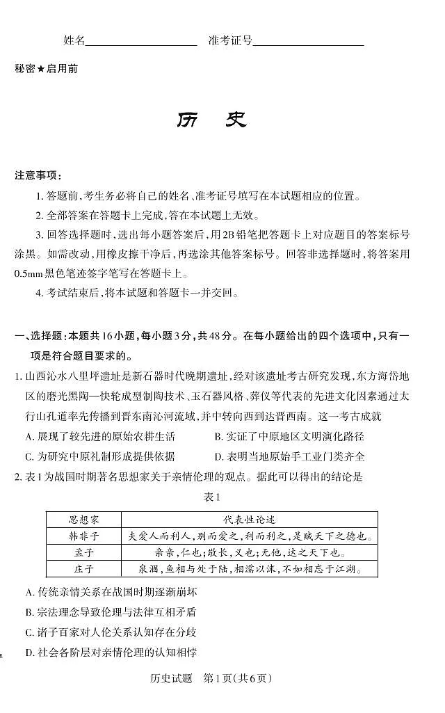 山西省思而行2025年高考考前适应性测试（冲刺卷）历史第1页