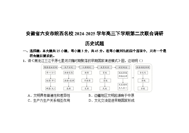 安徽省六安市皖西名校2024-2025学年高三下学期第二次联合调研历史试题(含答案 )第1页