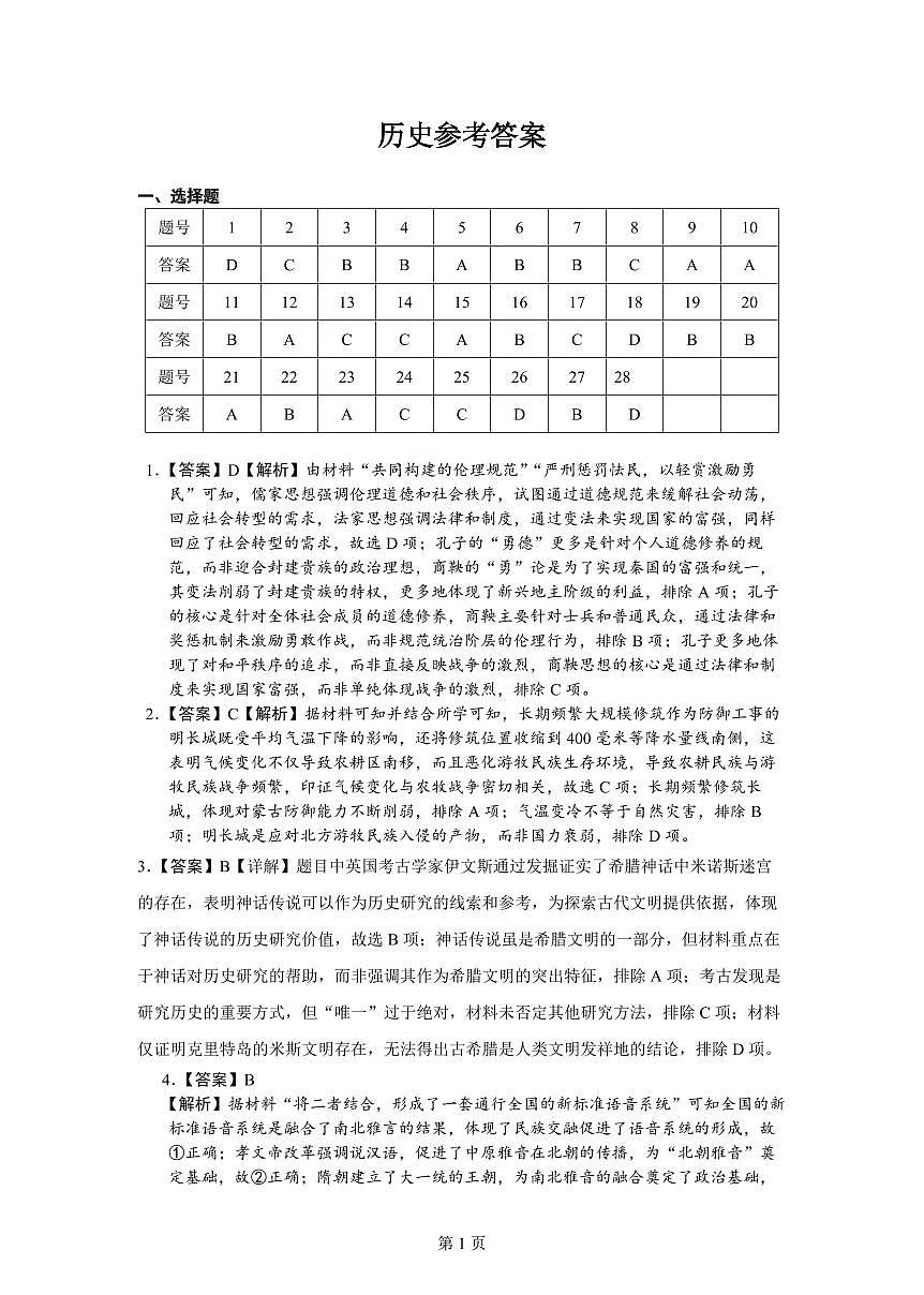 四川省达州市万源中学2024-2025学年高二下学期期中考试历史答案第1页
