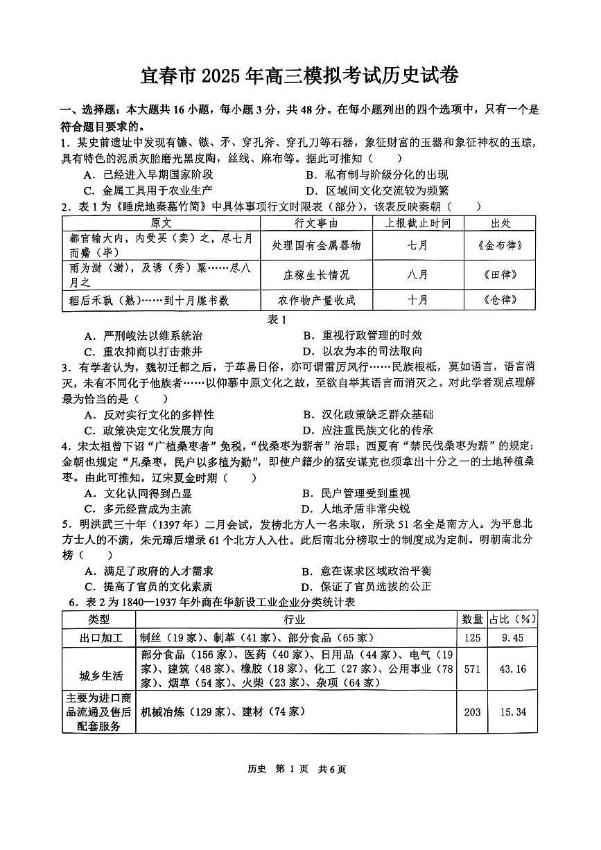 江西省宜春市2025届高三下学期4月模拟考试历史试题（含答案）第1页