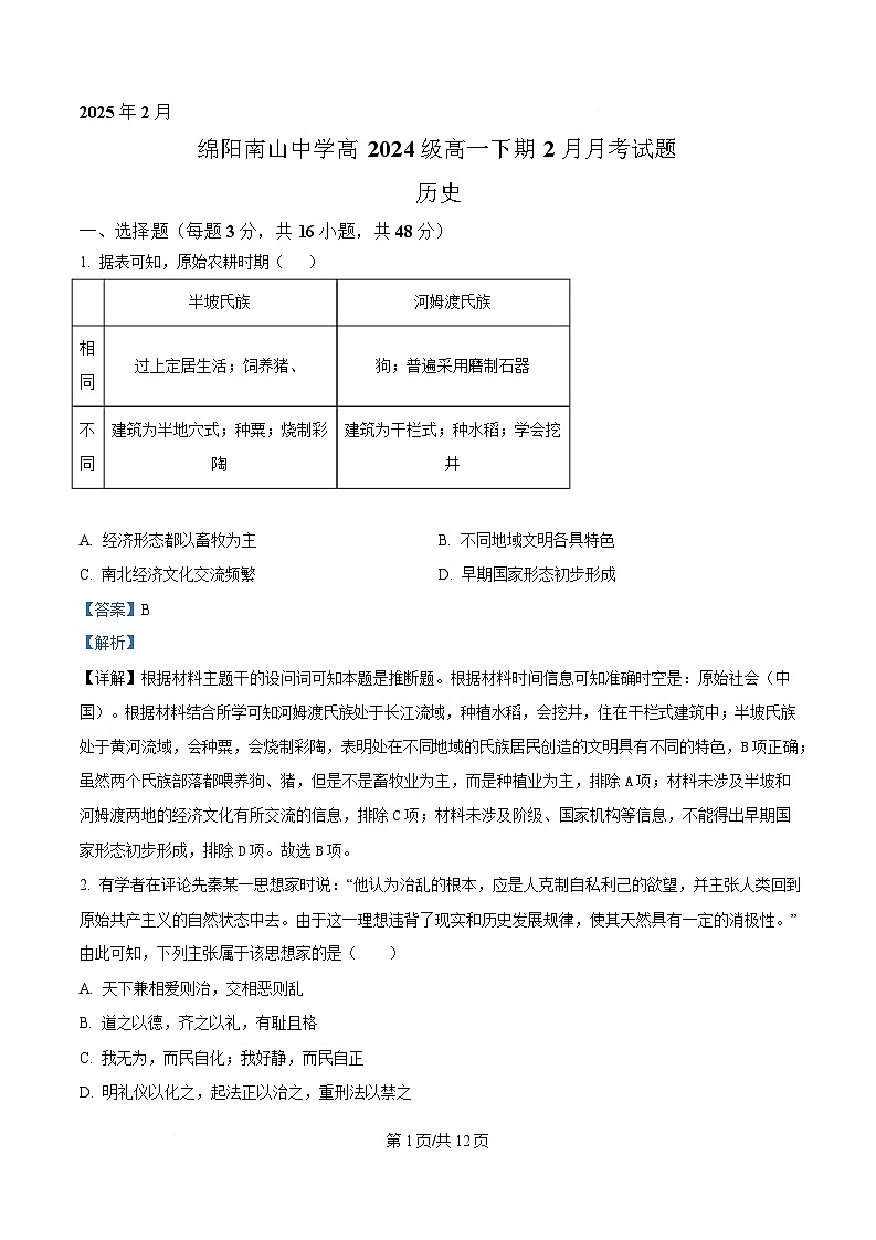 四川省绵阳南山中学2024-2025学年高一下学期2月月考历史试题 Word版含解析第1页