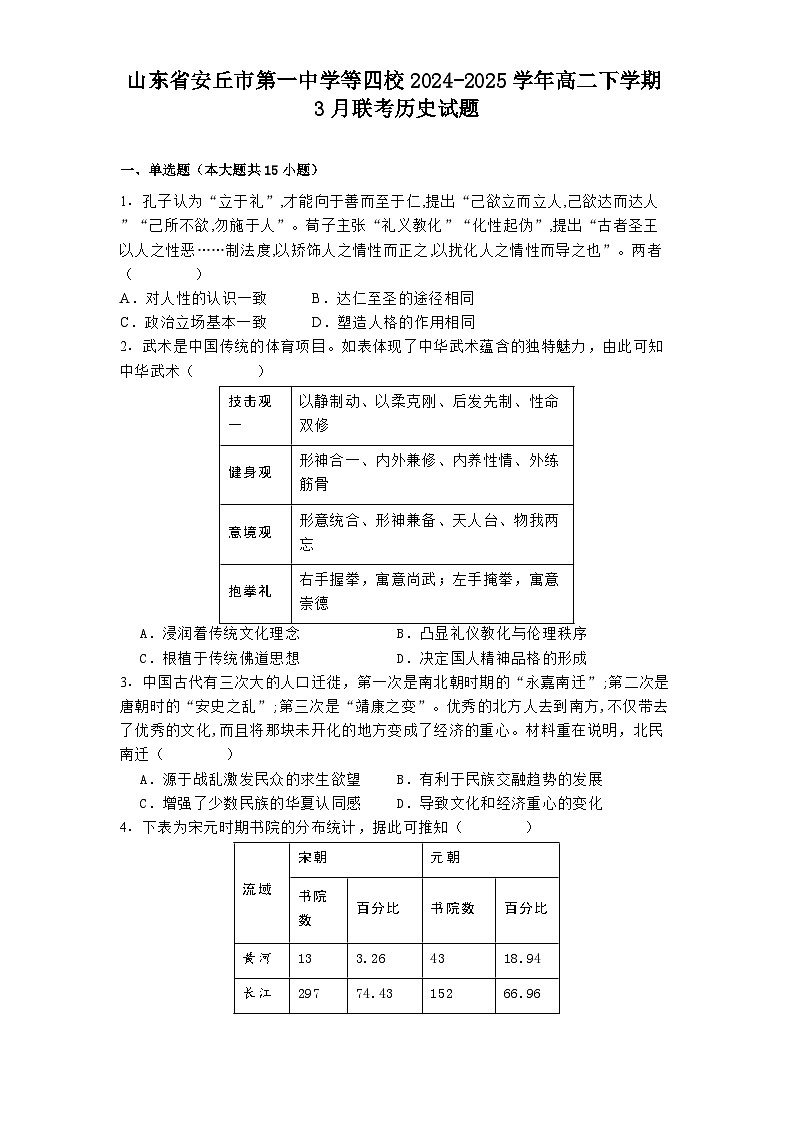 山东省安丘市第一中学等四校2024-2025学年高二下学期3月联考历史试题（解析版）第1页