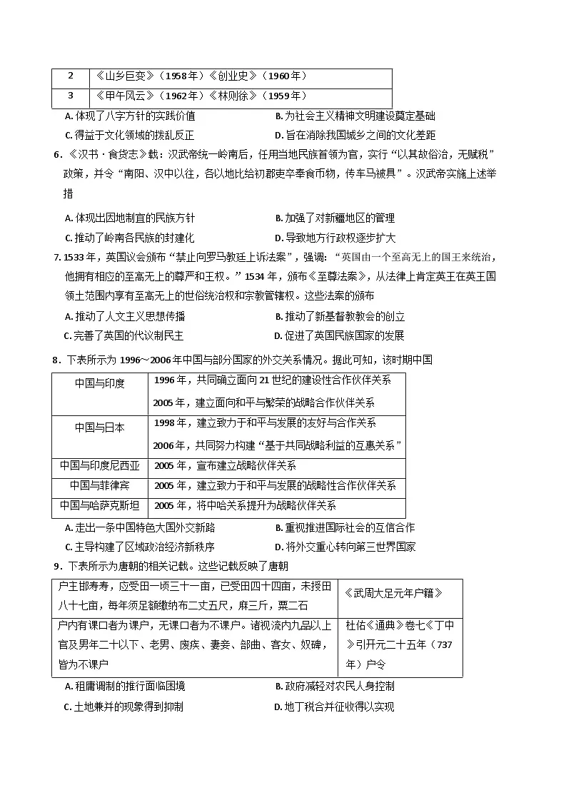 安徽省宿州市砀山县七校2024-2025学年高二下学期期中考试历史试题（含解析）第2页