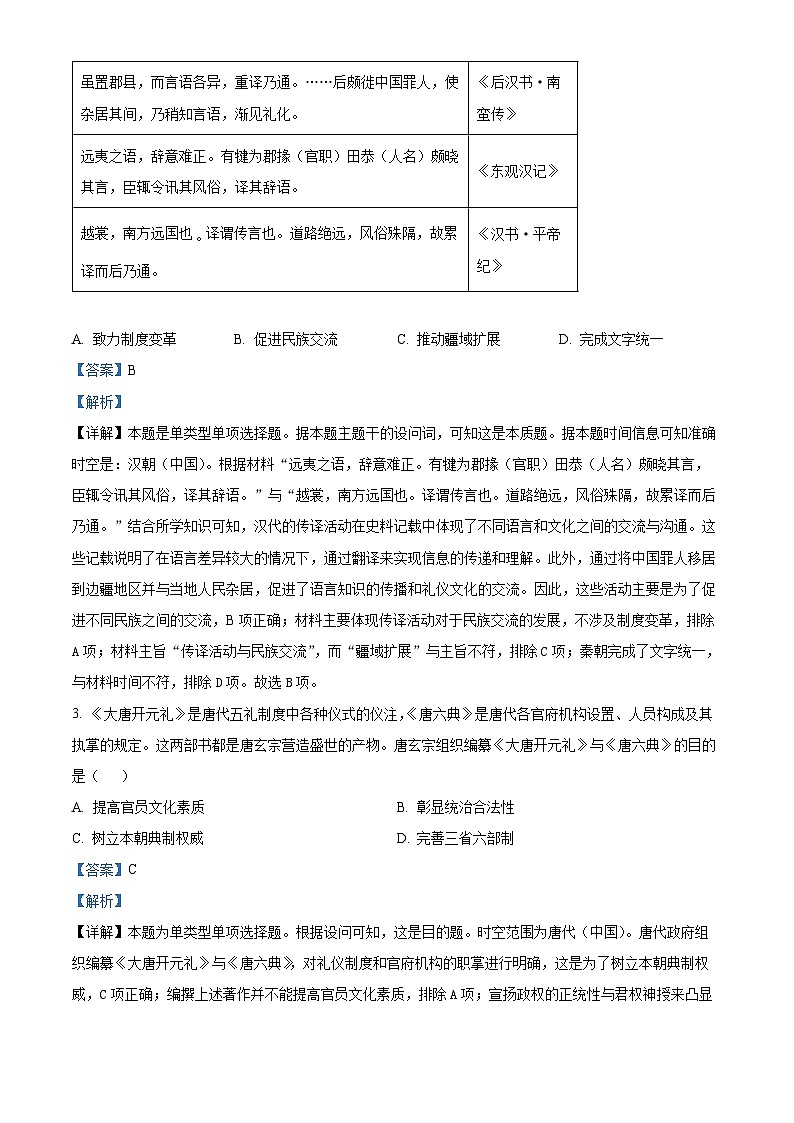 湖北省武汉市2024届高三下学期5月模拟训练历史试题 含解析第2页