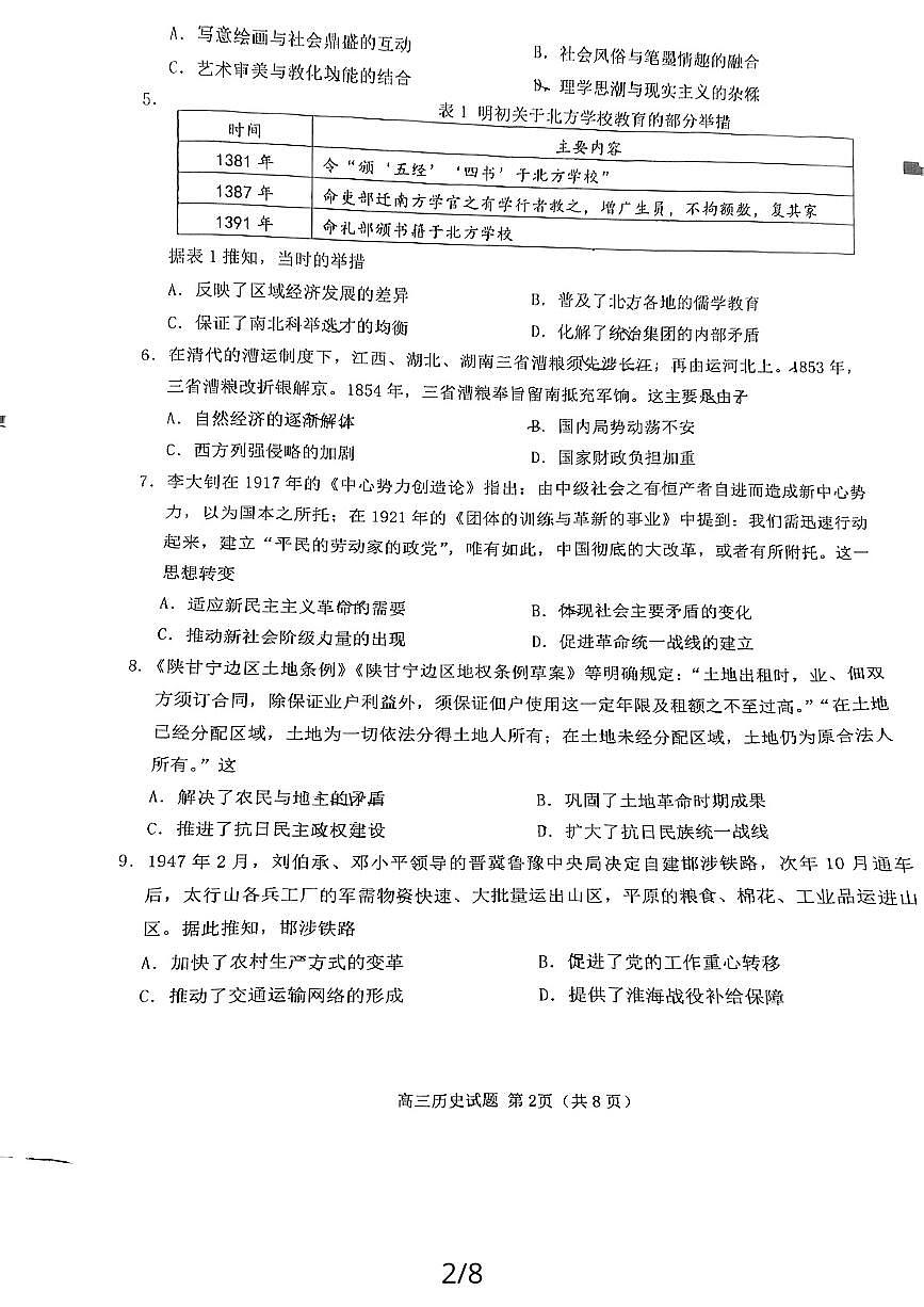 2024届福建省泉州市高中高三上学期毕业班质量监测（二）历史试卷（含答案）第2页