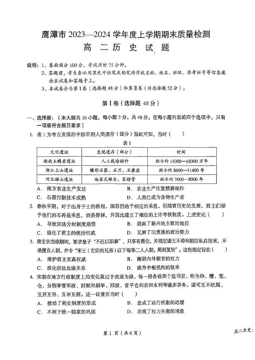 江西省鹰潭市2023-2024学年高二上学期1月期末 历史试卷（含答案）第1页