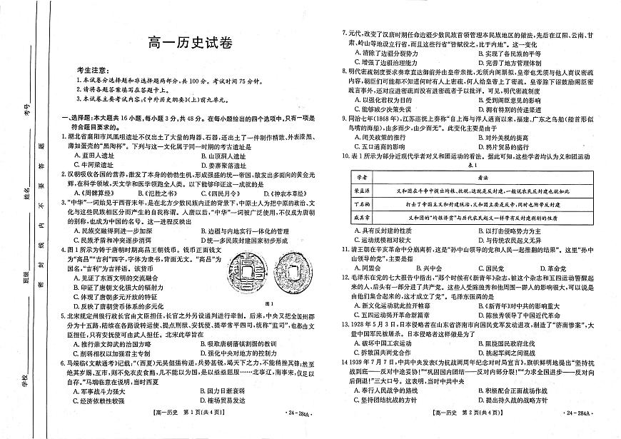 内蒙古赤峰市2023-2024学年高一上学期期末 历史试卷（含答案）第1页