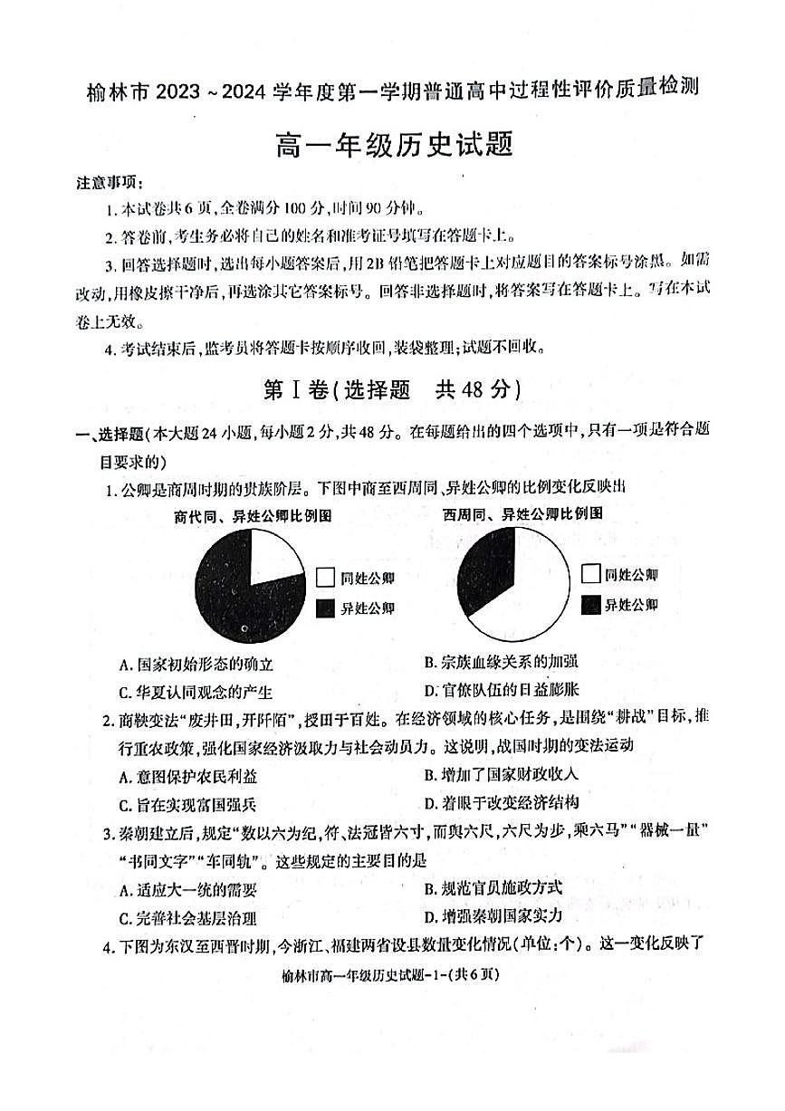 陕西省榆林市2023-2024学年高一上学期1月期末 历史试卷（含答案）第1页