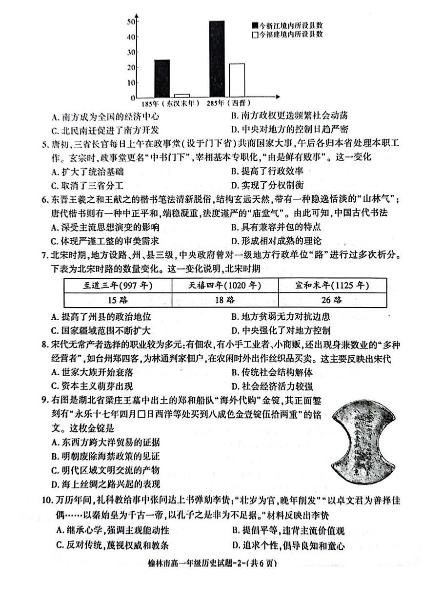 陕西省榆林市2023-2024学年高一上学期1月期末 历史试卷（含答案）第2页