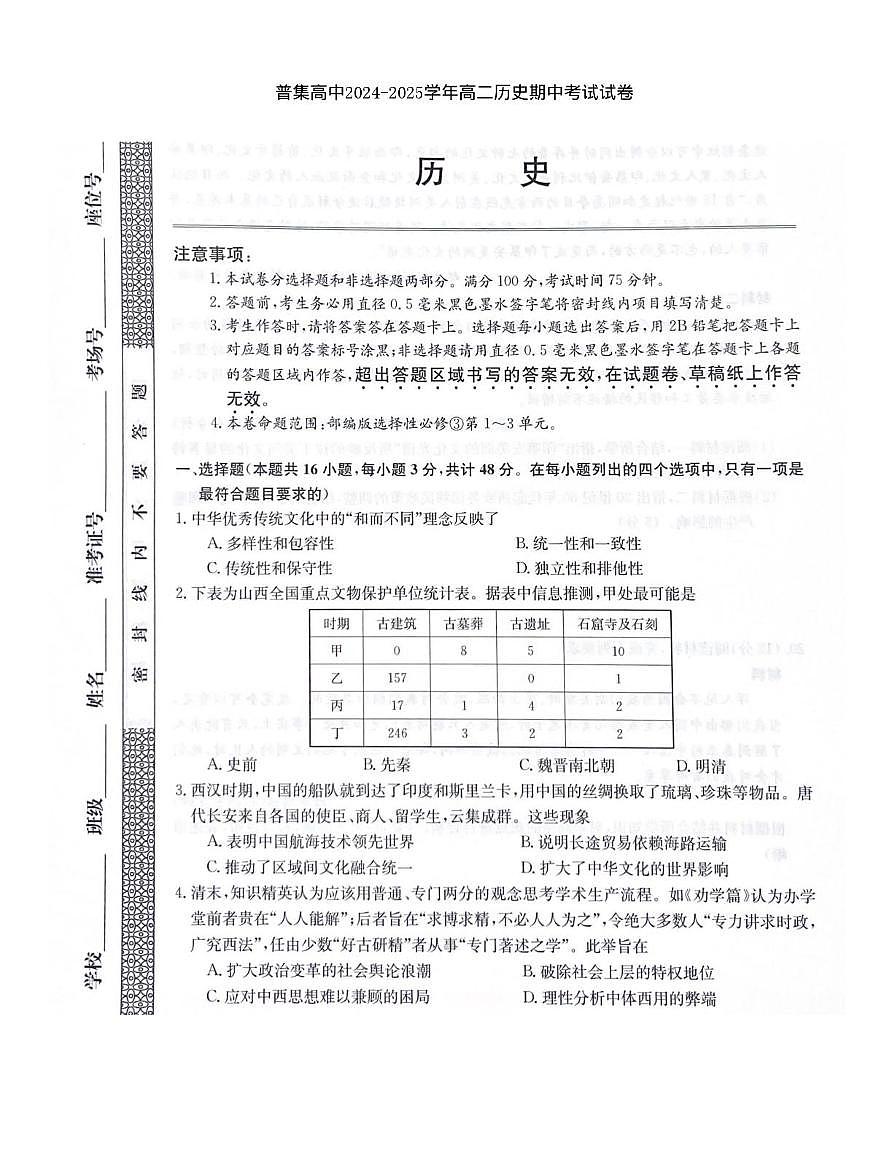 陕西省咸阳市武功县普集高级中学2024-2025学年高二下学期期中考试历史试题（图片版，含答案）第1页