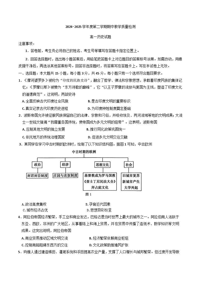 山东省聊城市2024—2025学年高一下学期期中考试历史试题第1页
