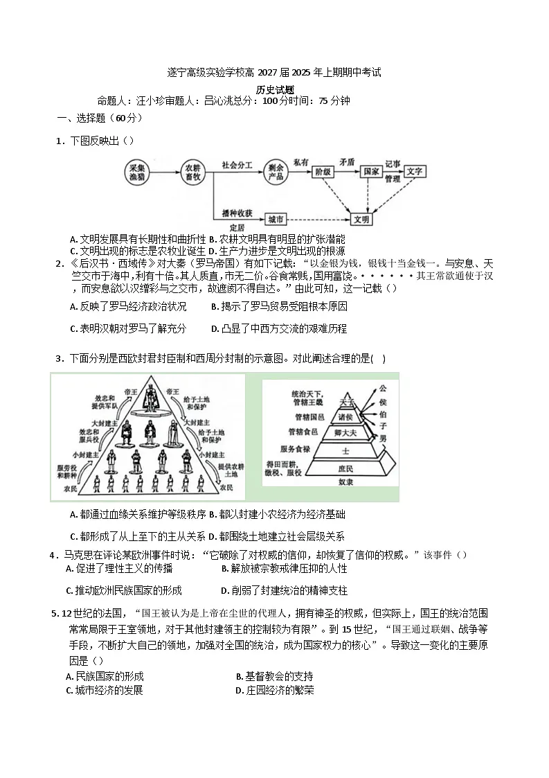 2024—2025学年度四川省遂宁高级实验学校高一第二学期期中考试历史试题（含答案）第1页