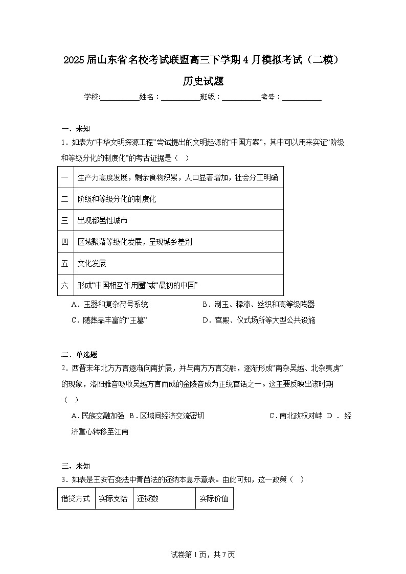 2025届山东省名校考试联盟高三下学期4月模拟考试（二模）历史试题（无答案）第1页